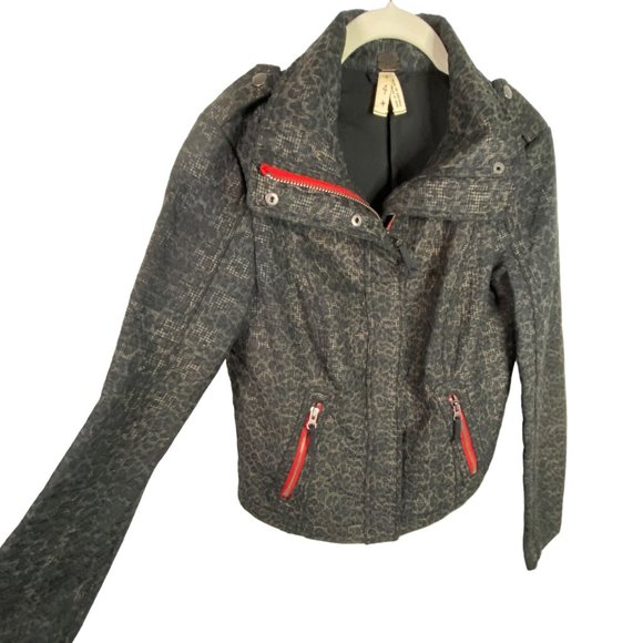 We The Free/ Free People Black Brown Animal Print Moto Red Zip Jacket Coat Sz 4 - Picture 4 of 10